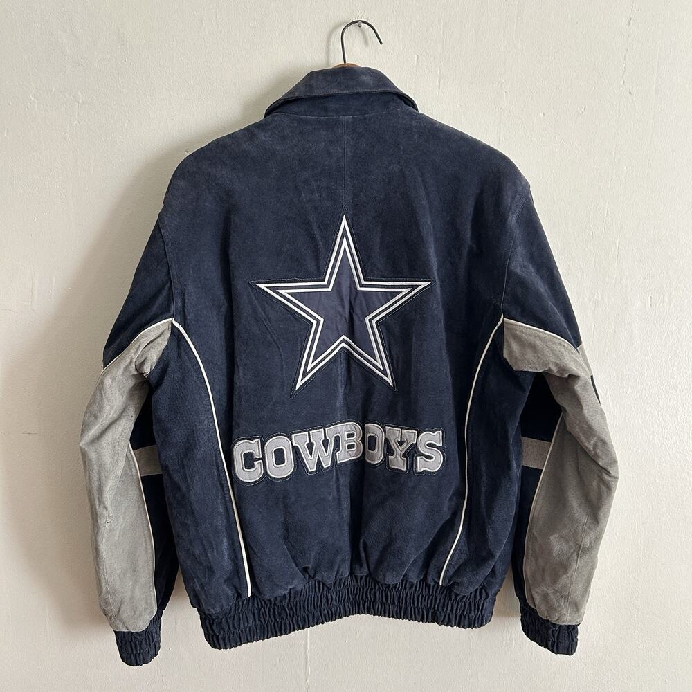 Vintage Dallas Cowboys NFL Suede Leather Jacket Size XL Navy Blue Grey Football